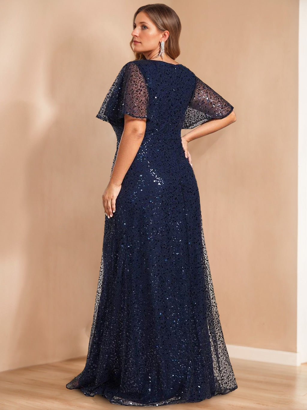A-Line/Princess V-Neck Short Sleeves Floor-Length Unique Plus Size Mother Of The Bride Dresses With Sequins BabaMila