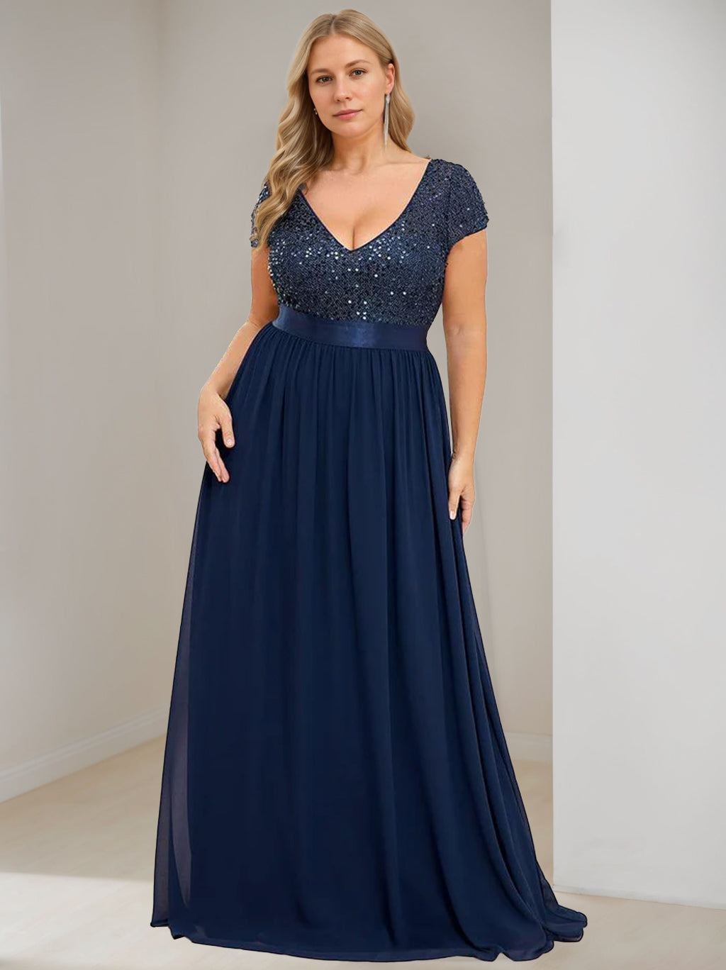 A-Line/Princess V-Neck Short Sleeves Floor-Length Chiffon Plus Size Mother Of The Bride Dresses With Ribbon BabaMila