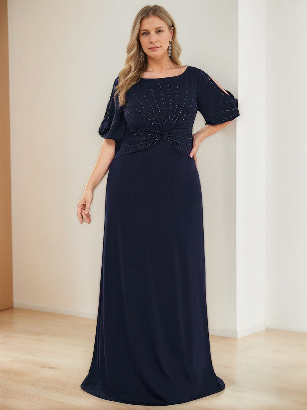 A-Line/Princess Round Neck Half Sleeves Floor-Length Plus Size Mother Of The Bride Dresses With Hot Drill BabaMila