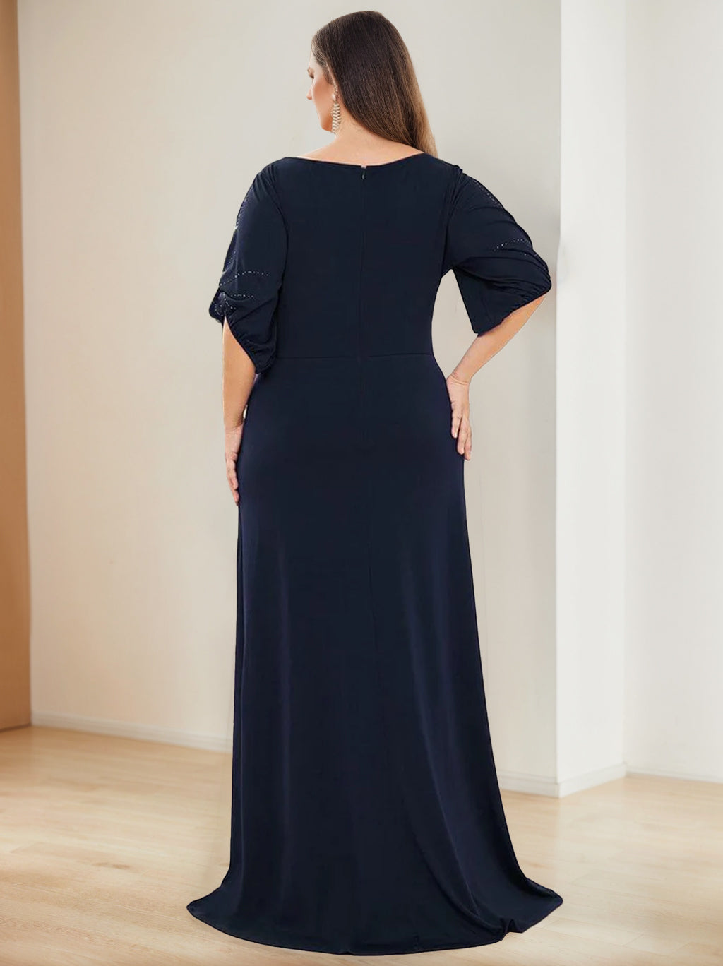 A-Line/Princess Round Neck Half Sleeves Floor-Length Plus Size Mother Of The Bride Dresses With Hot Drill BabaMila