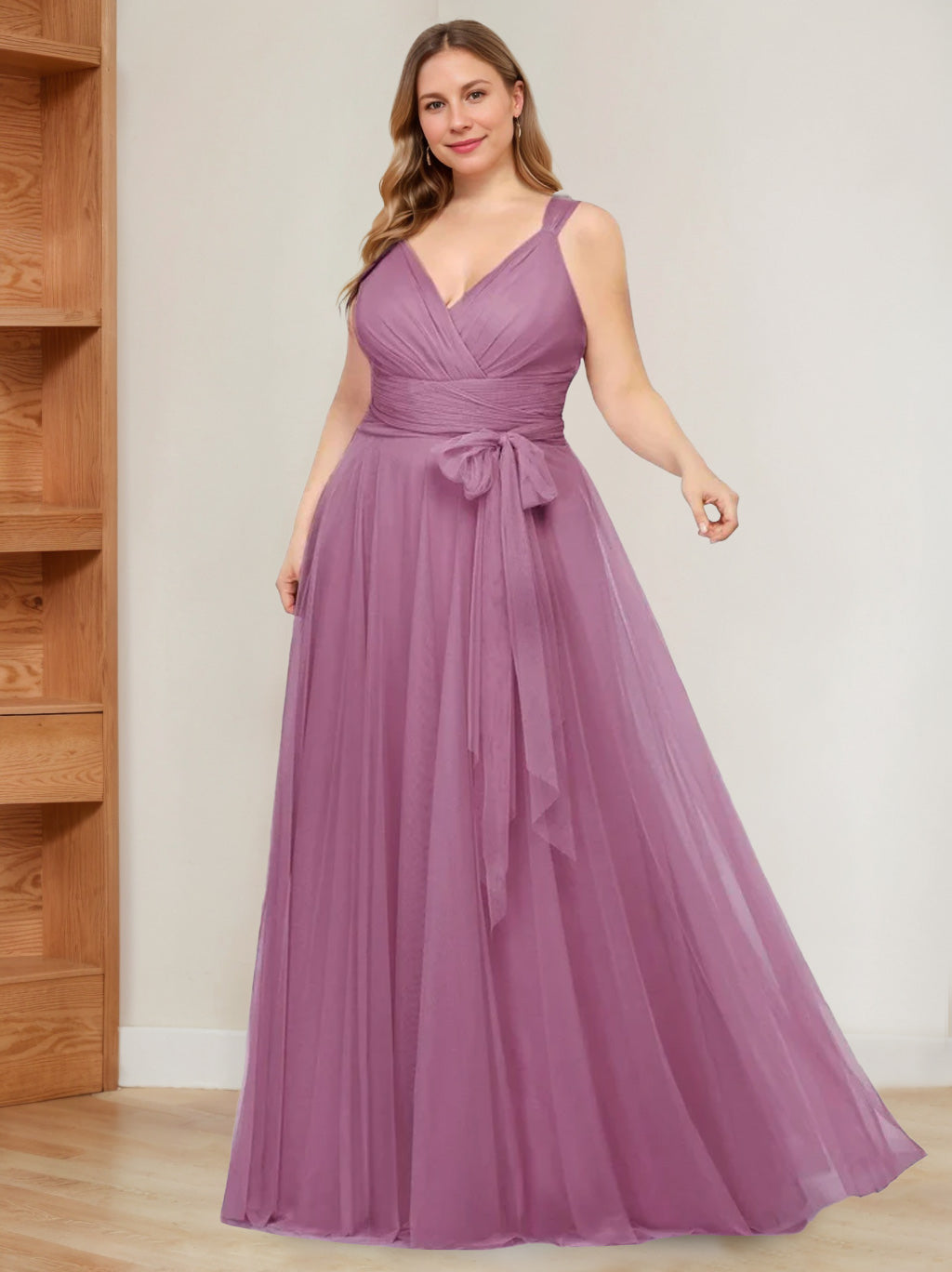 A-Line/Princess V-Neck Sleeveless Floor-Length Tulle Plus Size Mother Of The Bride Dresses With Ruffles BabaMila