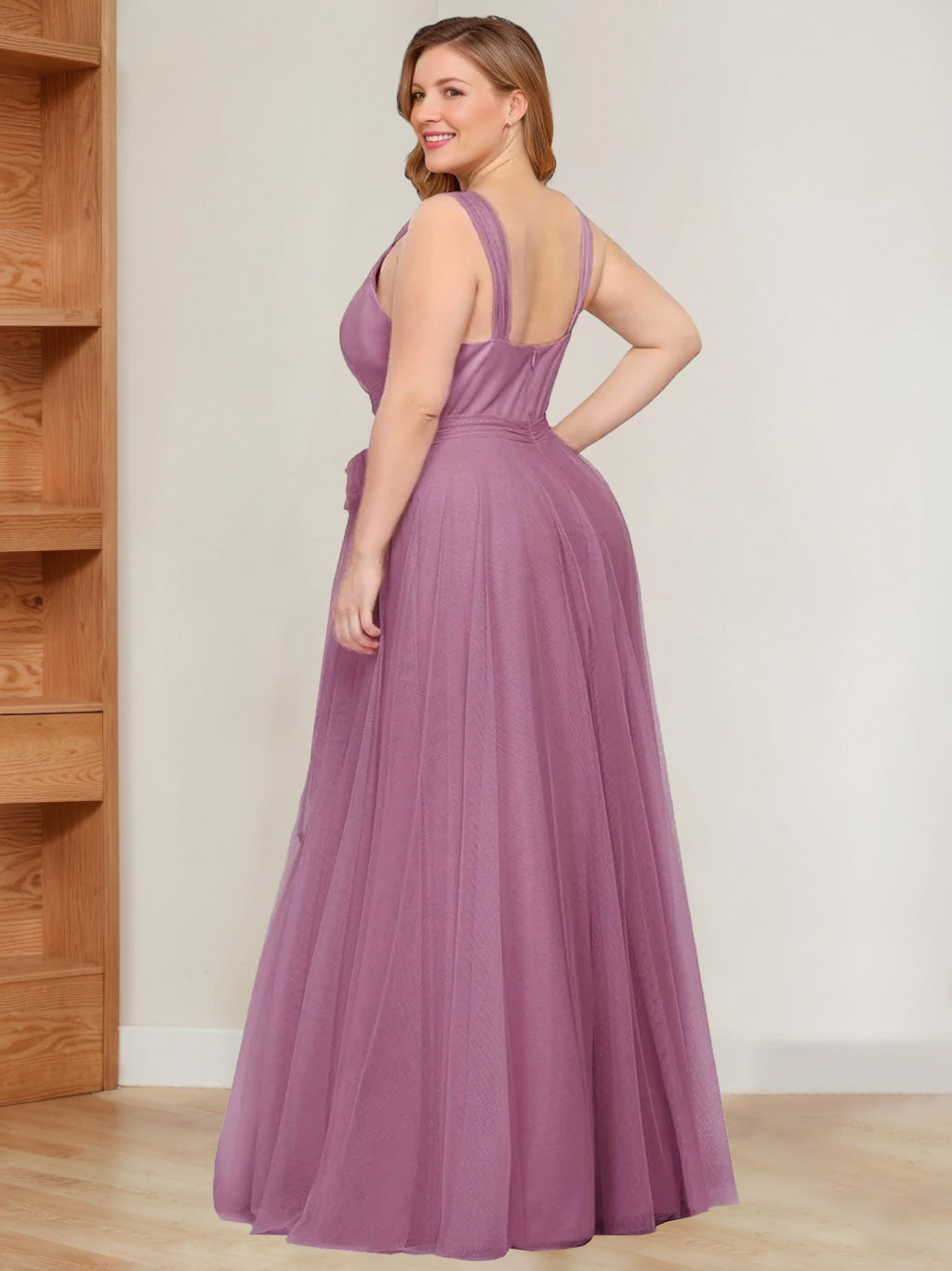 A-Line/Princess V-Neck Sleeveless Floor-Length Tulle Plus Size Mother Of The Bride Dresses With Ruffles BabaMila