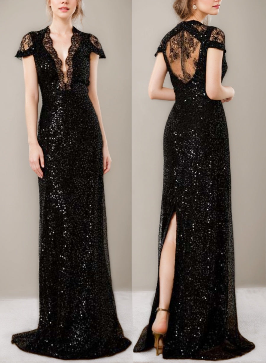 Sheath/Column Sequined Floor-Length Plunge V-Neck Mother Of The Bride Dresses With Lace & Slit BabaMila