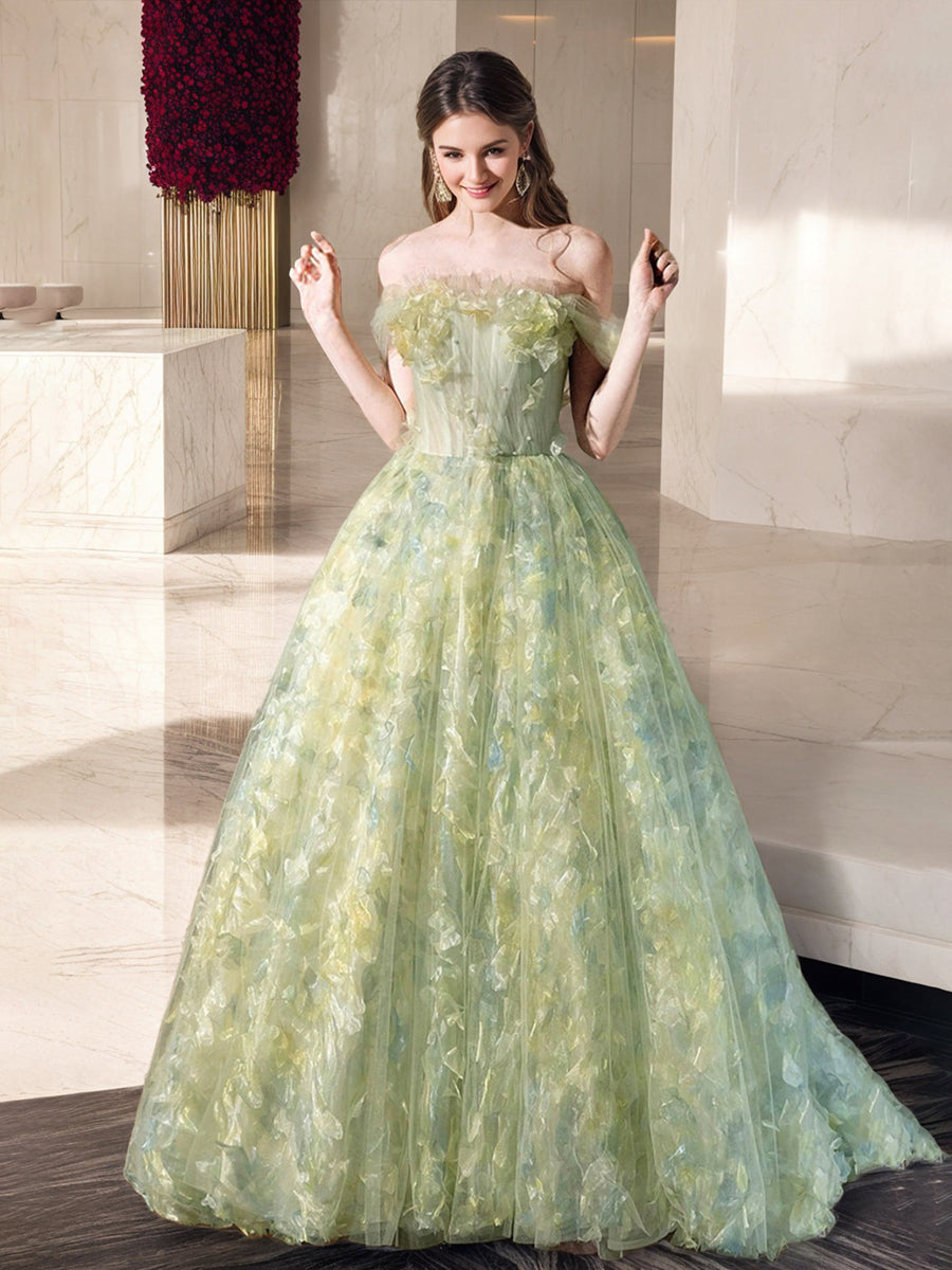 Ball Gown Off-the-Shoulder Sleeveless Elegant Prom Dresses with Ruffles/Embroidery BabaMila