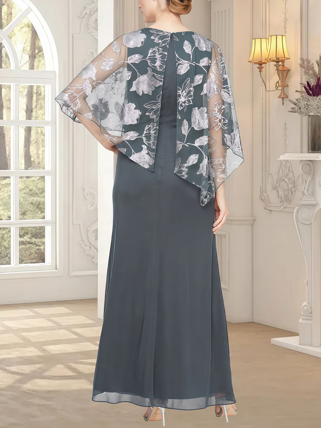 Sheath/Column V-Neck Cape Ankel-Length Mesh/Chiffon Mother of the Bride Dress With Floral BabaMila