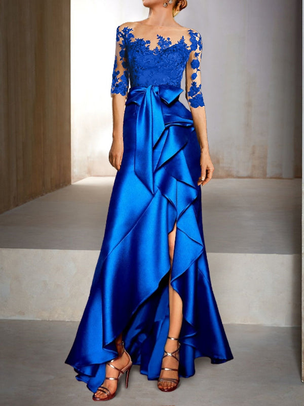 Mermaid / Trumpet Jewel Neck Half Sleeves Floor-Length Mother Of The Bride Dresses With Appliques & Bow(S) BabaMila