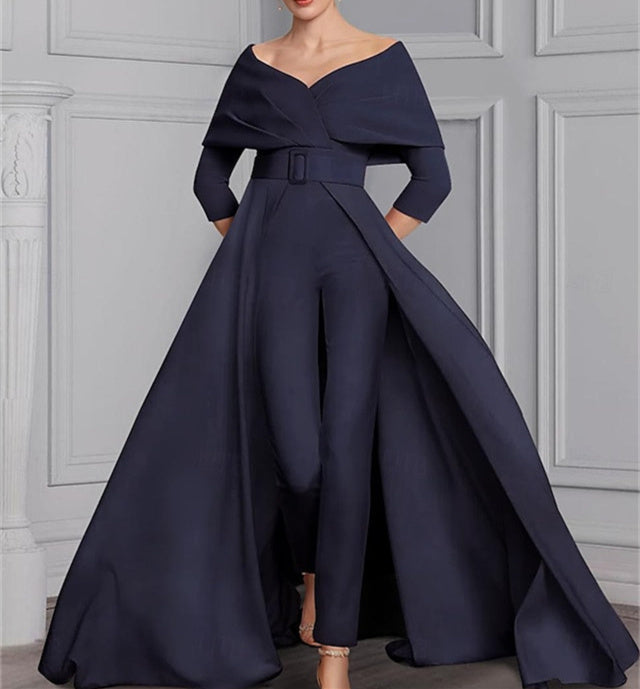Scoop Long Sleeves Mother Of The Bride Pantsuits With Belt BabaMila