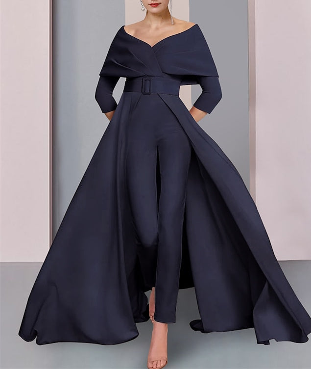 Scoop Long Sleeves Mother Of The Bride Pantsuits With Belt BabaMila