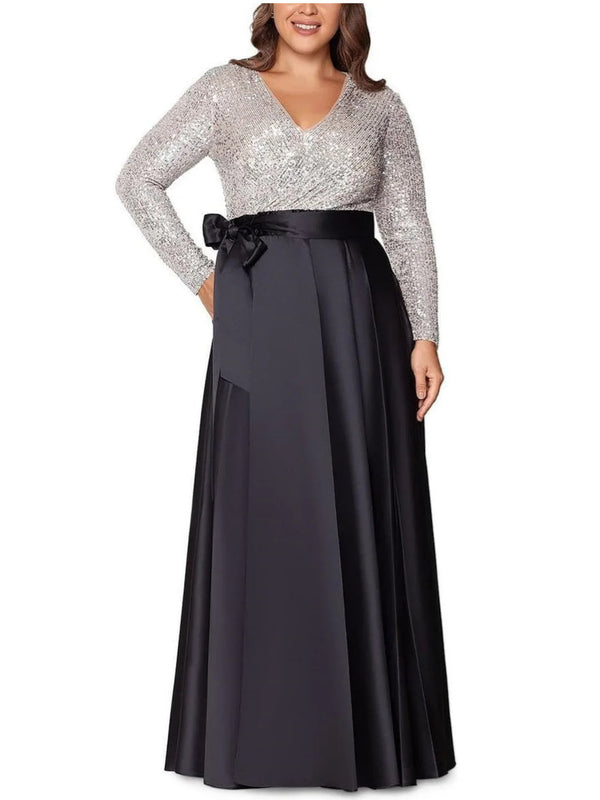 A-Line/Princess V-Neck Long Sleeves Floor-Length Plus Size Mother Of The Bride Dresses With Pocket Sequins BabaMila