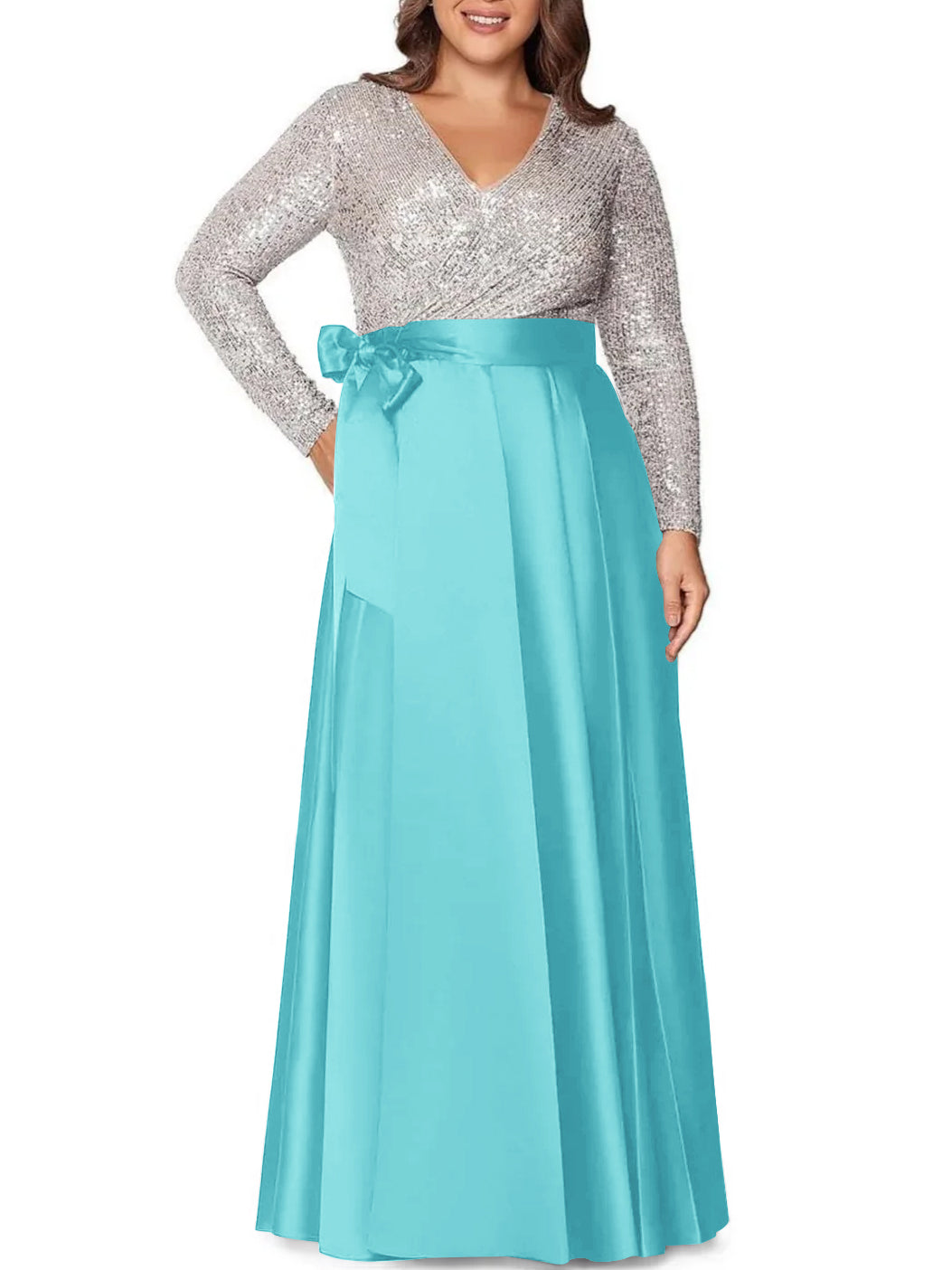 A-Line/Princess V-Neck Long Sleeves Floor-Length Plus Size Mother Of The Bride Dresses With Pocket Sequins BabaMila