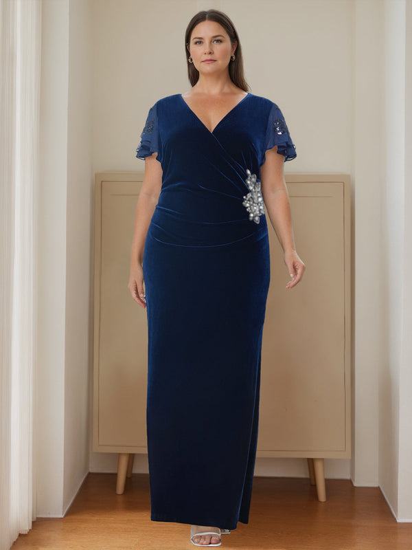 Sheath/Column V-Neck Short Sleeves Floor-Length Velvet Plus Size Mother Of The Bride Dresses With Ruffles & Appliques BabaMila