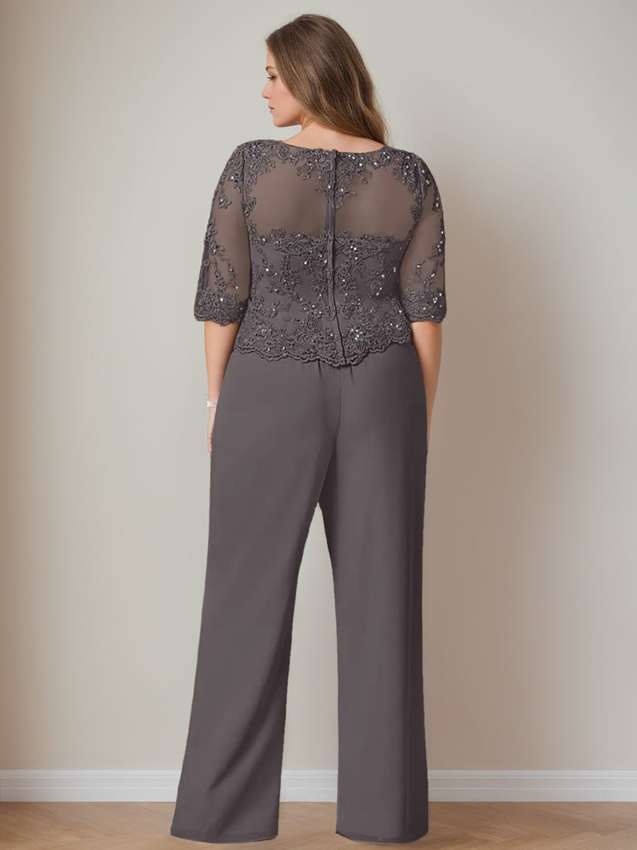 Chiffon 3 Pieces Scoop Neck Long Sleeves Floor-Length Plus Size Mother Of The Bride Pantsuits With Jacket BabaMila