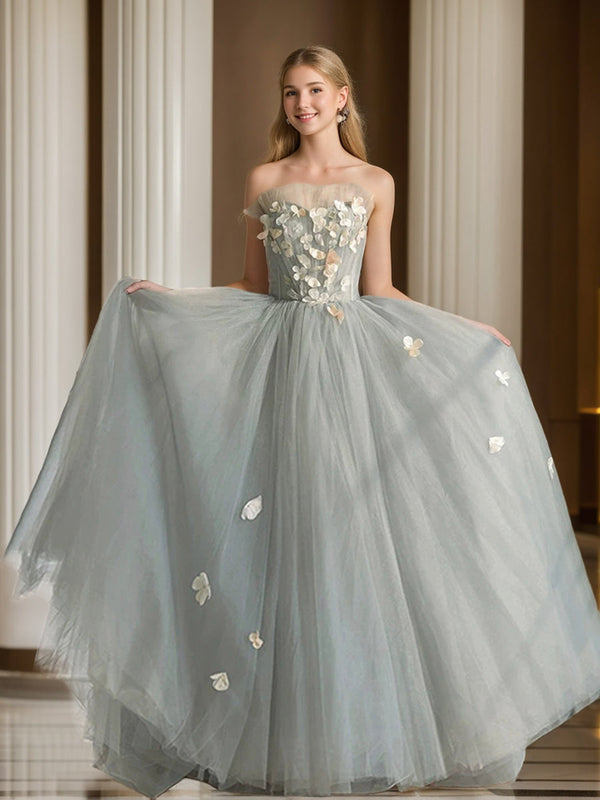 A-Line/Princess Sweetheart Neck Strapless Tulle Pleated Prom Dresses with Embroidery/Ruffles BabaMila