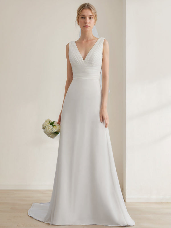 A-Line/Princess V-Neck Sleeveless Floor-Length Long Tulle Wedding Dress with Ruffles BabaMila