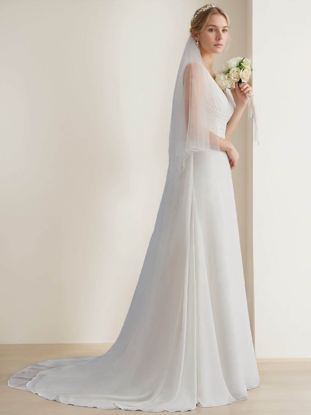 A-Line/Princess V-Neck Sleeveless Floor-Length Long Tulle Wedding Dress with Ruffles BabaMila