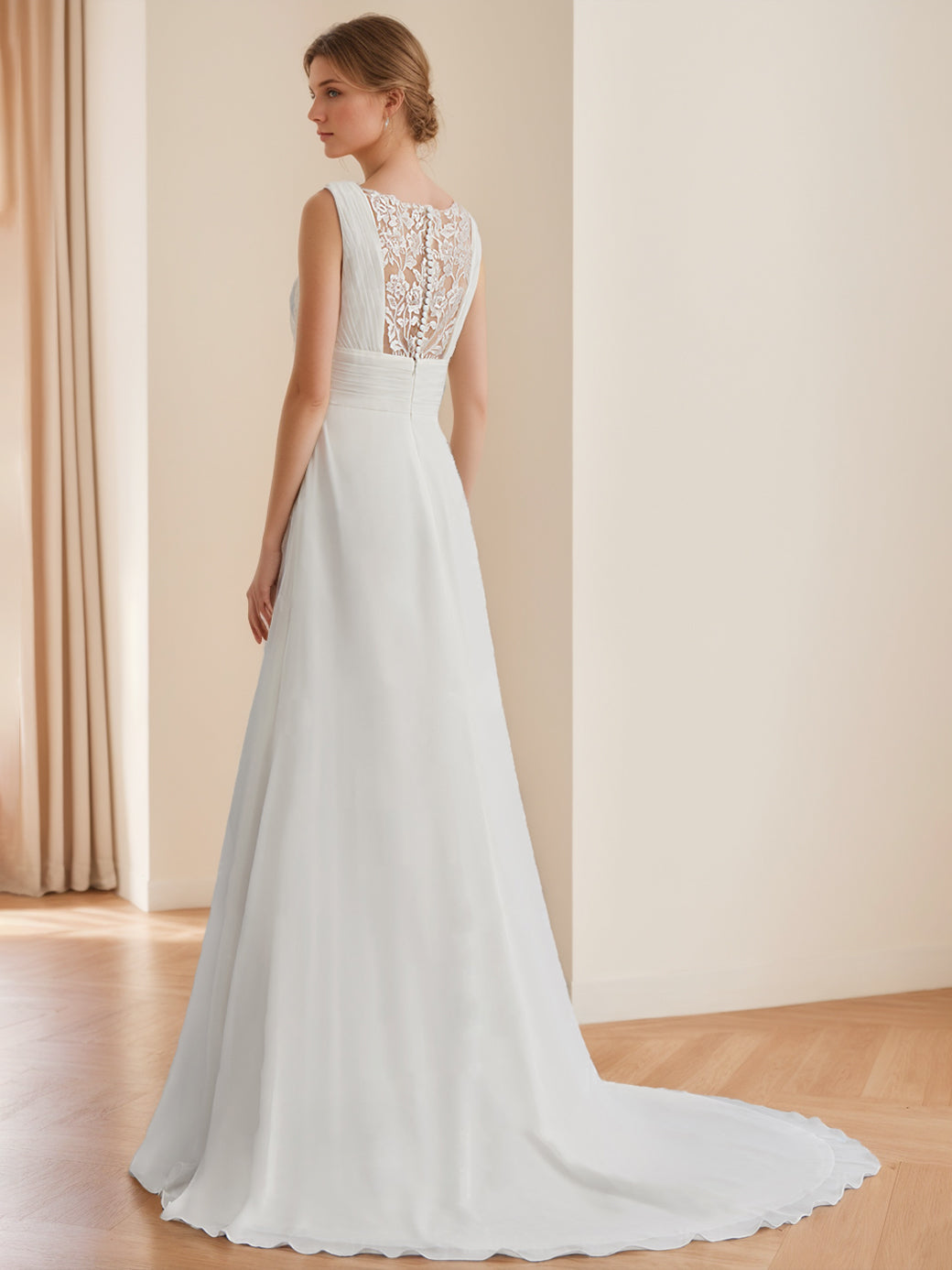 A-Line/Princess V-Neck Sleeveless Floor-Length Long Tulle Wedding Dress with Ruffles BabaMila