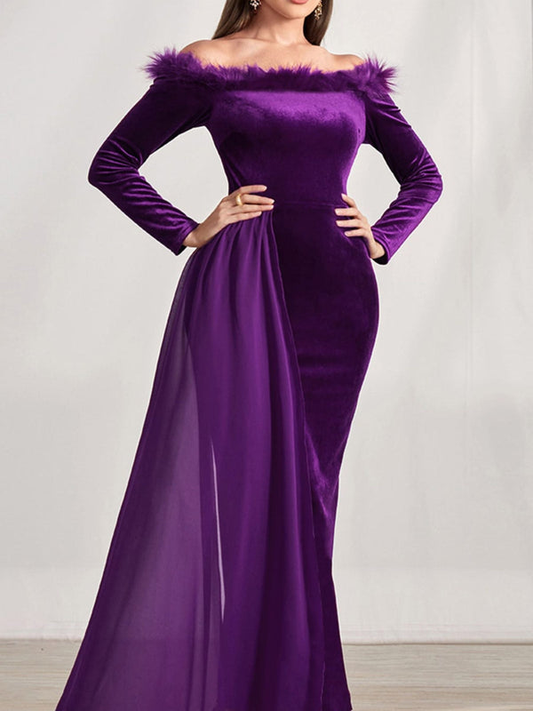 Sheath/Column Off-The-Shoulder Long Sleeves Asymmetrical Mother Of The Bride & Groom Dresses With Feather BabaMila