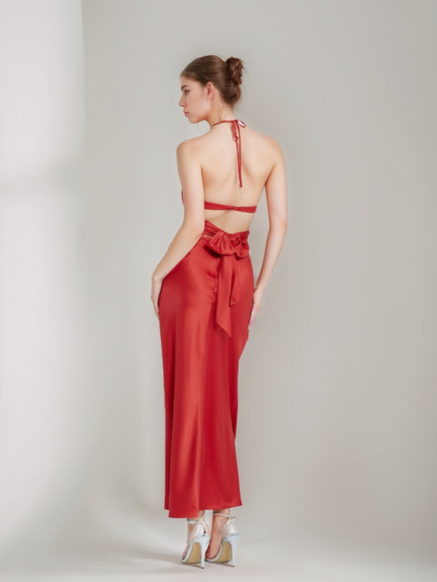 Sheath/Column Hollow Halter Ankle-Length Elegant Prom Dresses with Self-tie/Ribbon BabaMila