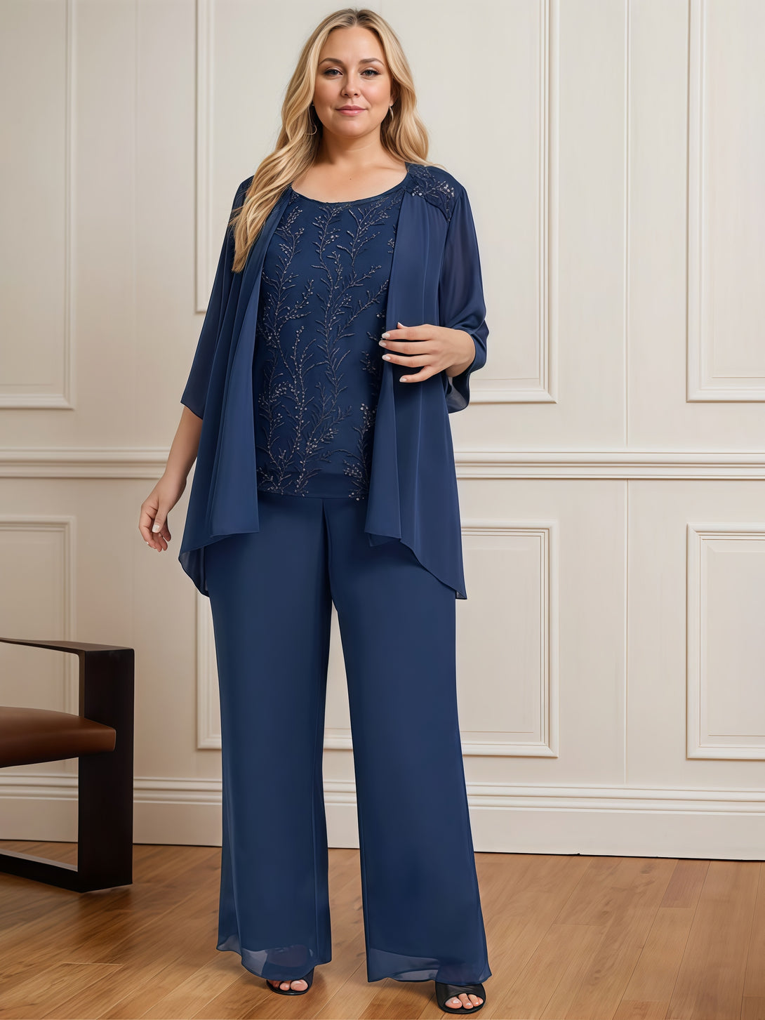 Simple Pantsuits Round Neck 3/4 Sleeve Floor-Length Chiffon Mother of the Bride Dress With Jacket/Sequins BabaMila
