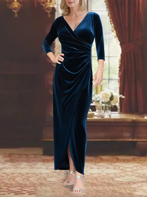 A Line/Princess V-Neck 3/4 Length Sleeves Asymmetrical Mother Of The Bride Dresses With Ruffles BabaMila