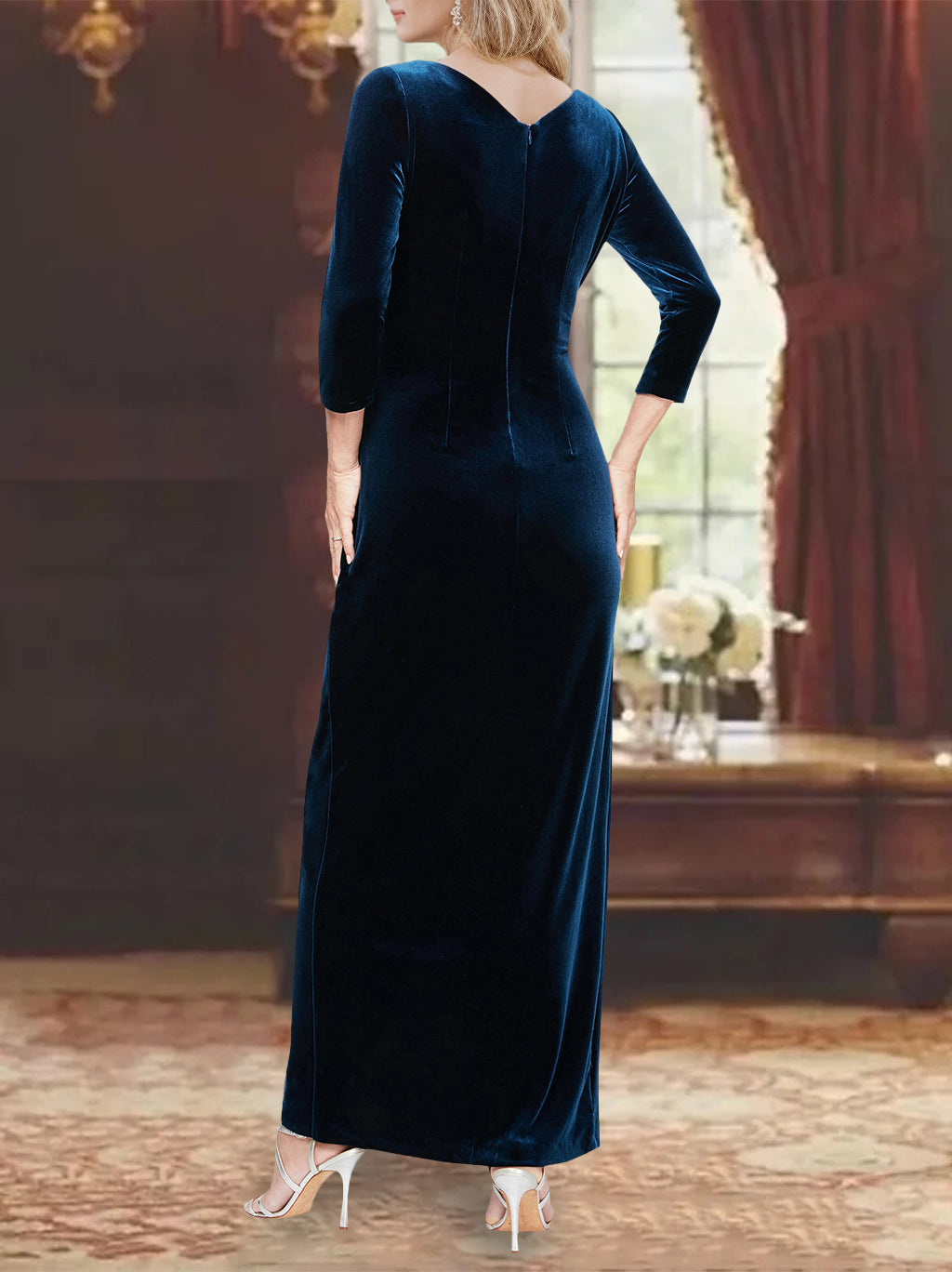 A Line/Princess V-Neck 3/4 Length Sleeves Asymmetrical Mother Of The Bride Dresses With Ruffles BabaMila