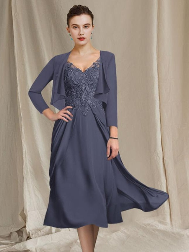A-Line/Princess V-Neck Tea-Length Mother Of The Bride Dresses BabaMila
