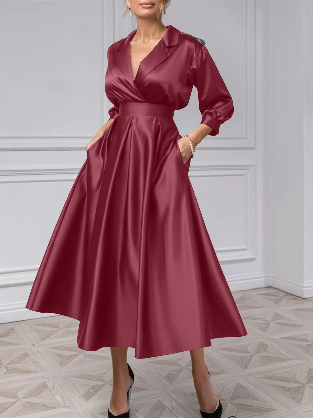 A-Line/Princess One-Shoulder 3/4 Length Sleeves Floor-Length Mother Of The Bride Dresses BabaMila