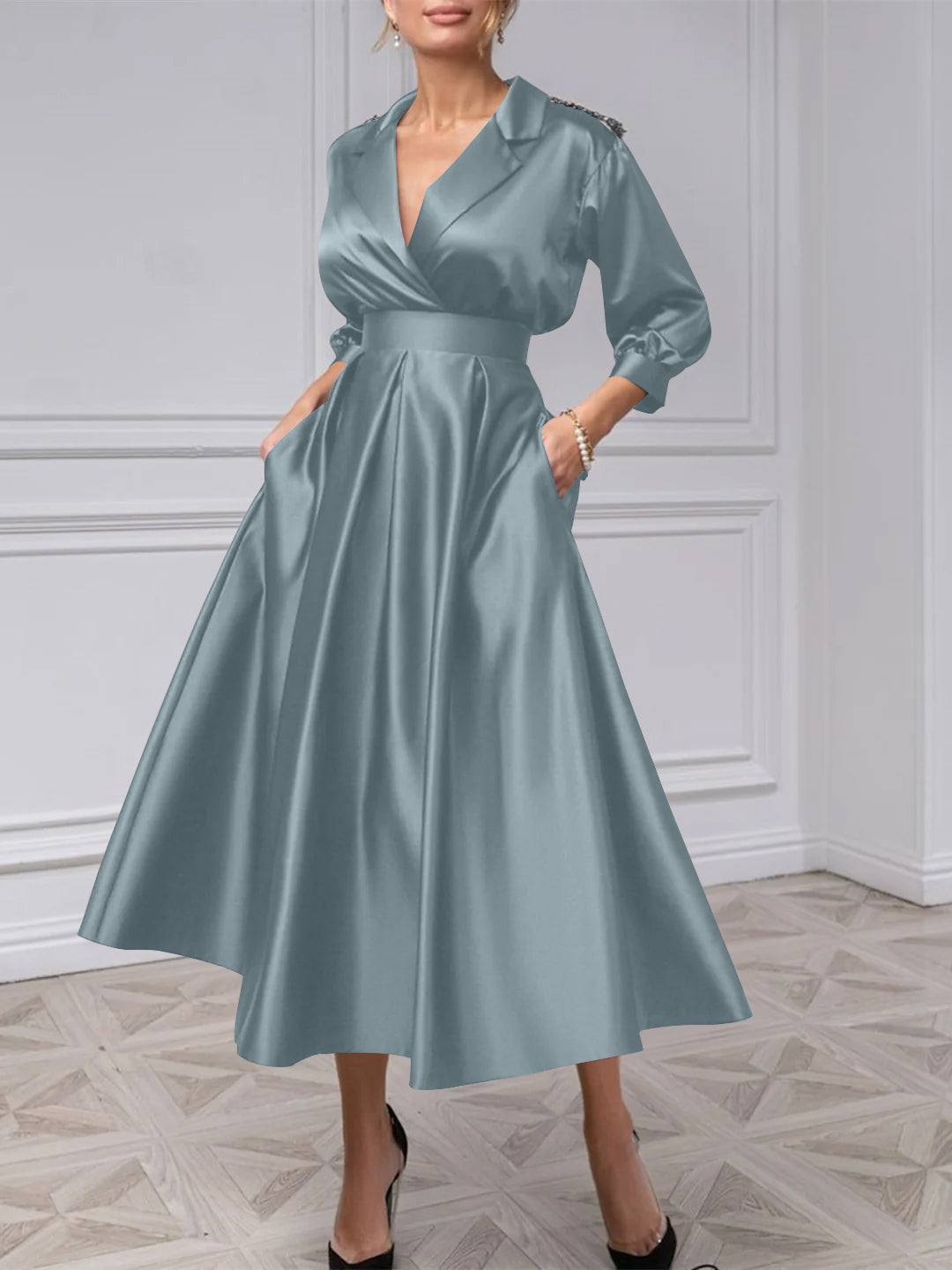 A-Line/Princess One-Shoulder 3/4 Length Sleeves Floor-Length Mother Of The Bride Dresses BabaMila