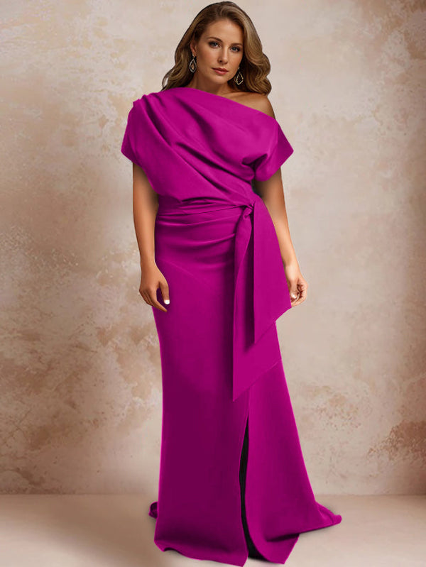 Trumpet/Mermaid One-Shoulder Short Sleeves Floor-Length Plus Size Mother Of The Bride Dresses With Ruffles & Split Side BabaMila