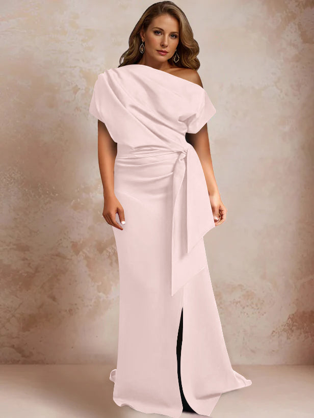 Trumpet/Mermaid One-Shoulder Short Sleeves Floor-Length Plus Size Mother Of The Bride Dresses With Ruffles & Split Side BabaMila