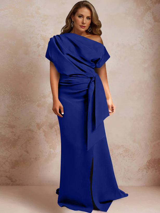 Trumpet/Mermaid One-Shoulder Short Sleeves Floor-Length Plus Size Mother Of The Bride Dresses With Ruffles & Split Side BabaMila