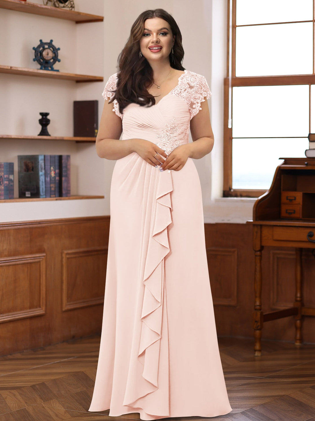 A-Line/Princess V-Neck Short Sleeves Pleated Plus Size Mother Of The Bride & Groom Dresses With Ruffles & Appliques BabaMila