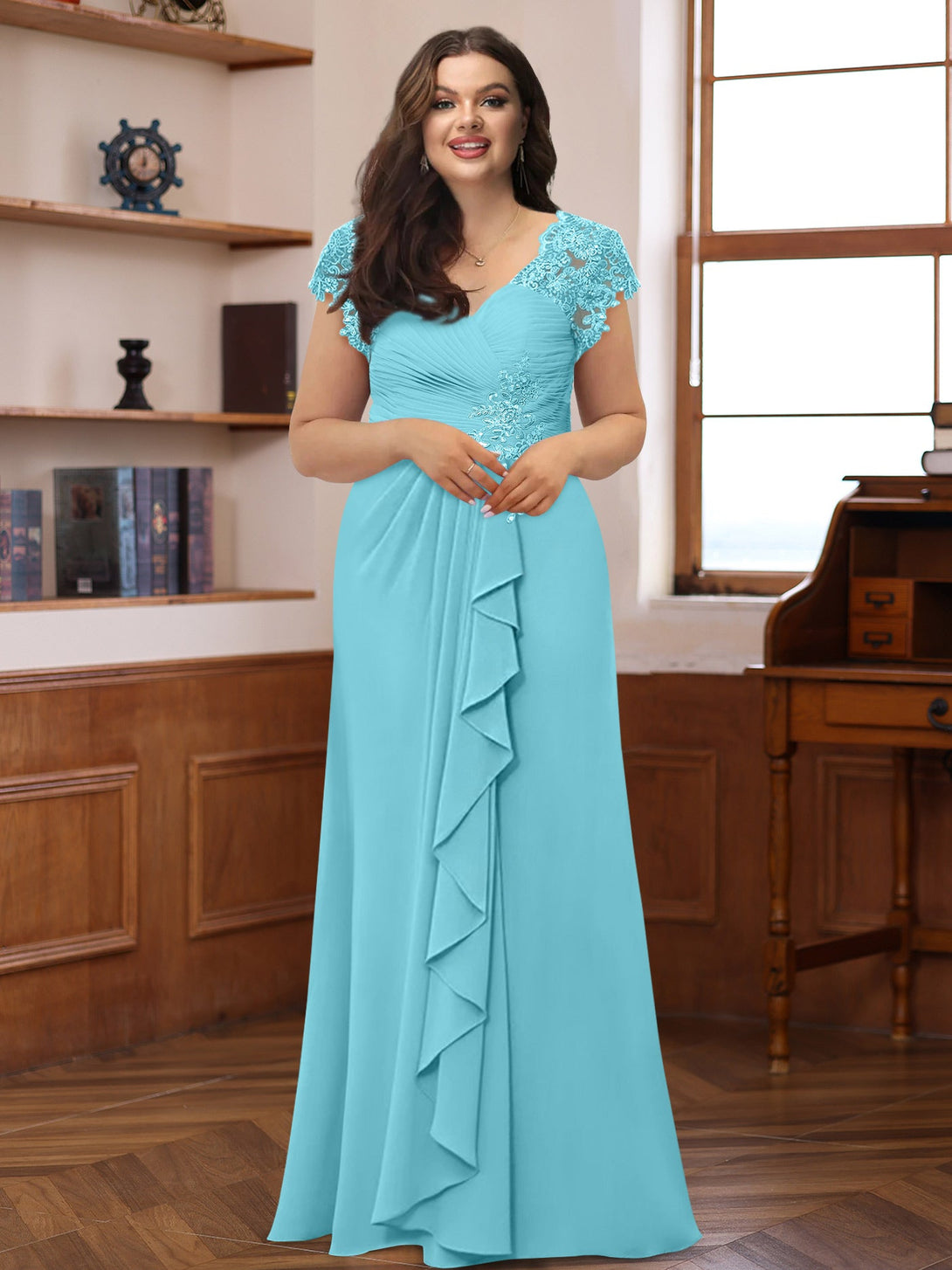 A-Line/Princess V-Neck Short Sleeves Pleated Plus Size Mother Of The Bride & Groom Dresses With Ruffles & Appliques BabaMila