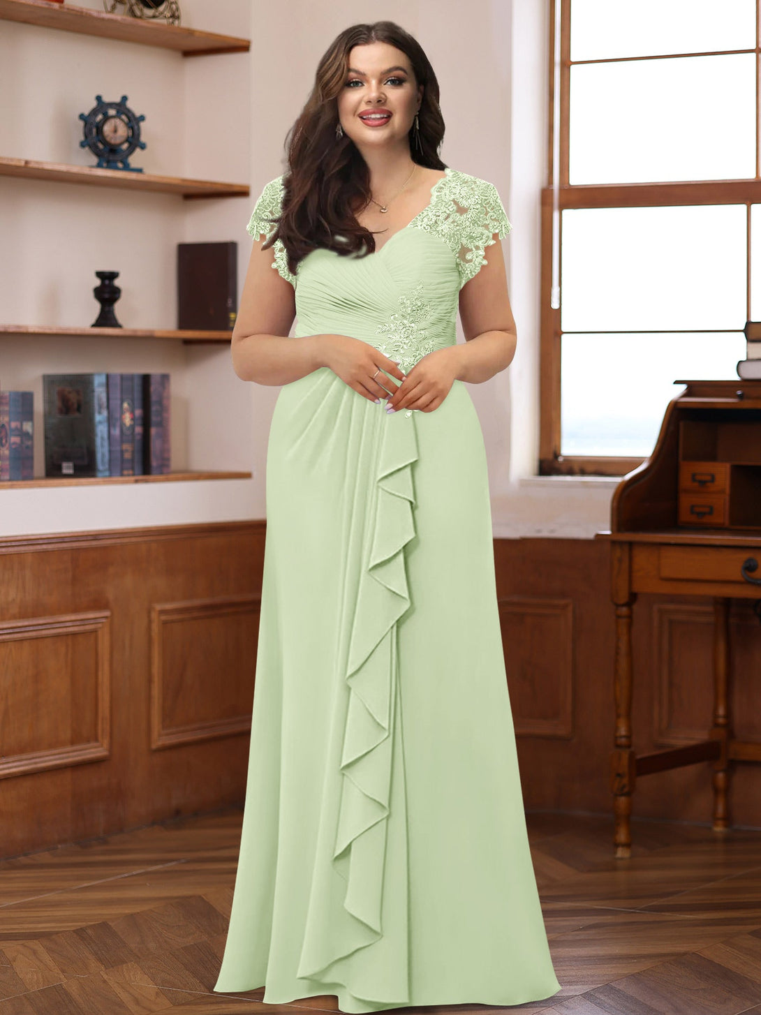 A-Line/Princess V-Neck Short Sleeves Pleated Plus Size Mother Of The Bride & Groom Dresses With Ruffles & Appliques BabaMila
