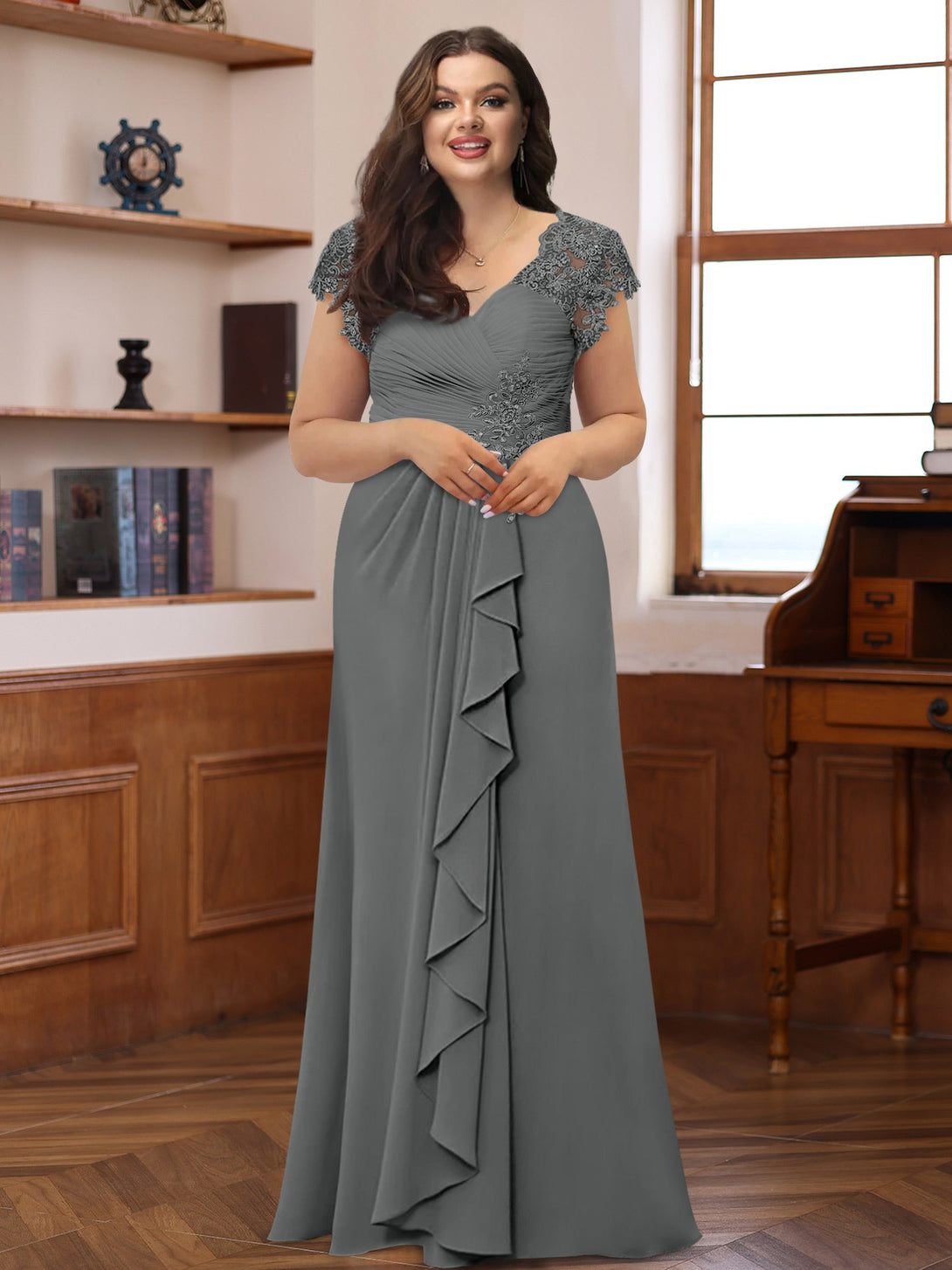 A-Line/Princess V-Neck Short Sleeves Pleated Plus Size Mother Of The Bride & Groom Dresses With Ruffles & Appliques BabaMila