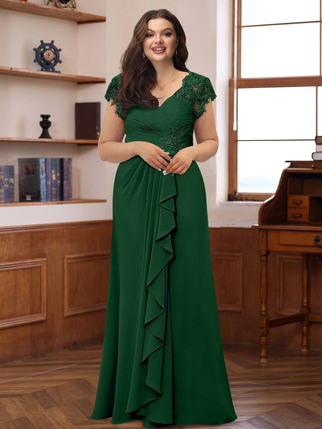 A-Line/Princess V-Neck Short Sleeves Pleated Plus Size Mother Of The Bride & Groom Dresses With Ruffles & Appliques BabaMila