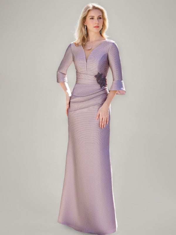Trumpet/Mermaid V-Neck Floor-Length Ruched Mother Of The Bride Dresses With Ruffled Sleeves & Jewel Appliques BabaMila