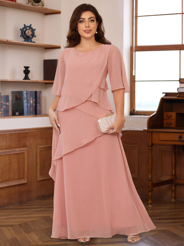 A-Line/Princess Scoop Neck Half Sleeves Floor-Length Plus Size Mother Of The Bride Dresses With Ruffles BabaMila