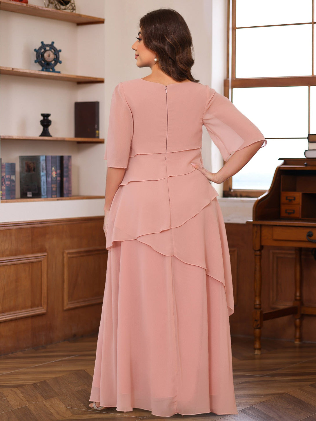 A-Line/Princess Scoop Neck Half Sleeves Floor-Length Plus Size Mother Of The Bride Dresses With Ruffles BabaMila