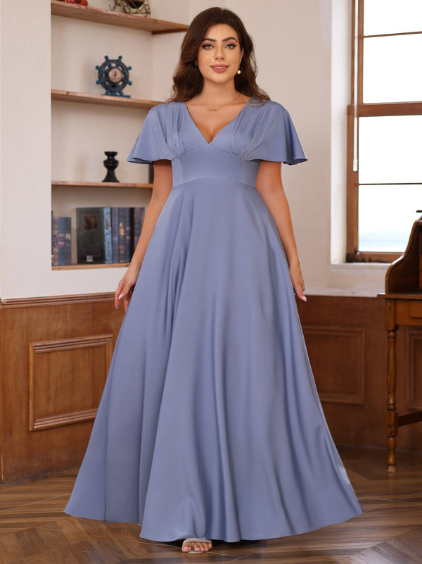 A-Line/Princess V-Neck Short Sleeves Floor-Length Plus Size Mother Of The Bride Long Dresses With Ruffles BabaMila