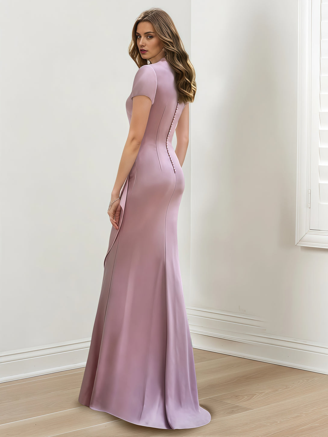 Mermaid V-Neck Short Sleeve Asymmetrical Satin Mother of the Bride Dress With Pleated/Cascading Ruffles/Beads BabaMila
