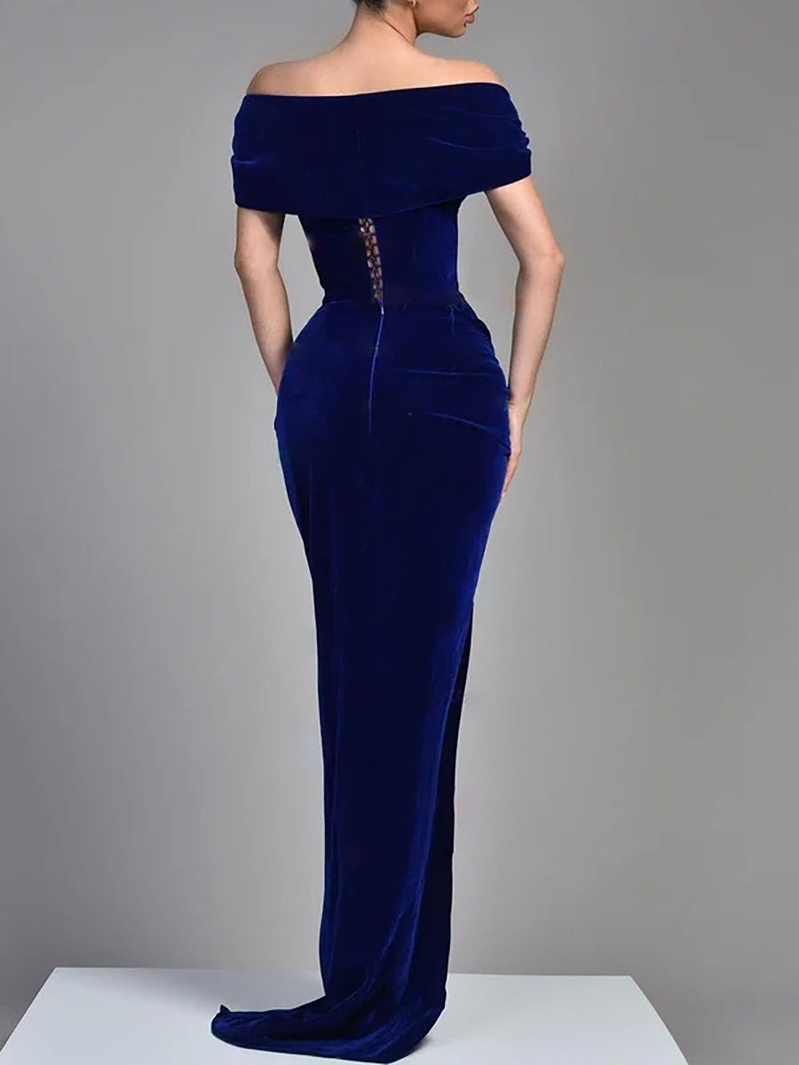 Sheath/Column Velvet Off-the-Shoulder Floor-length Prom Dresses With Cape BabaMila
