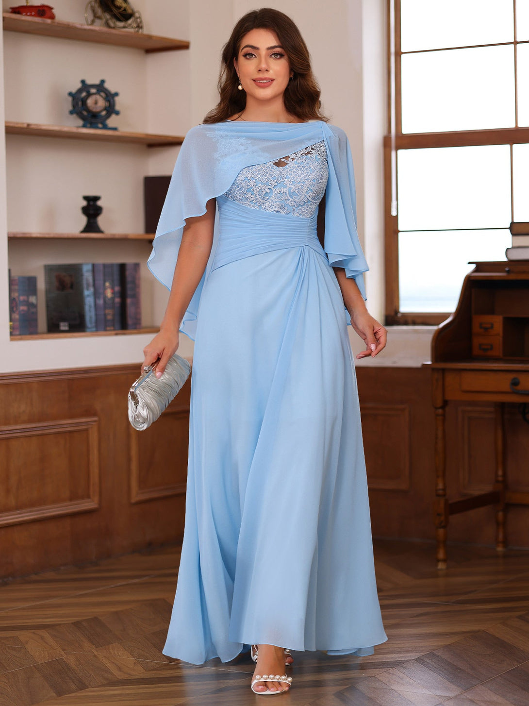 A-Line/Princess V-Neck 2 Pics Floor-Length Plus Size Mother Of The Bride Dresses With Appliques, Ruffles & Wrap BabaMila