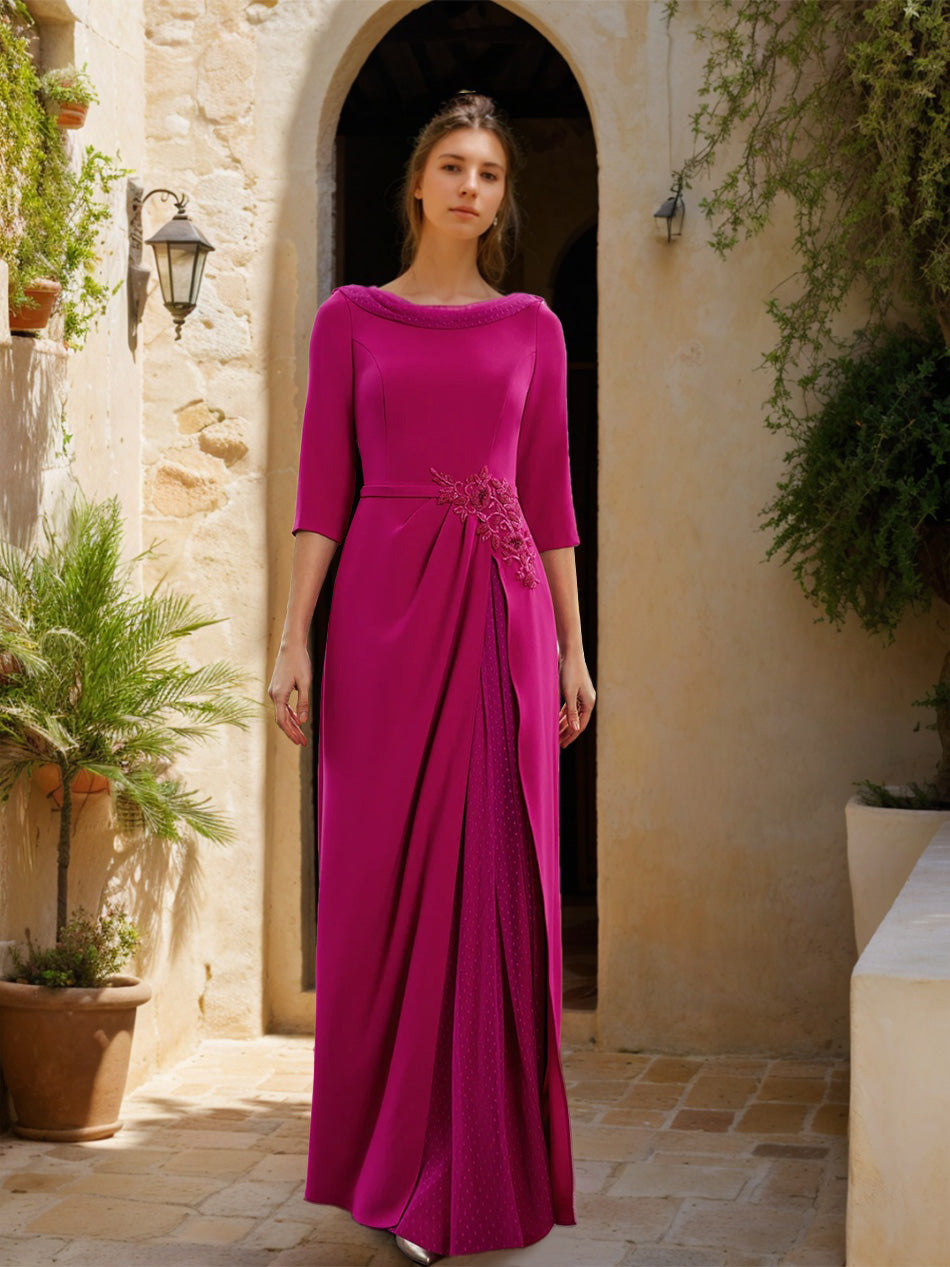 Sheath/Column Cowl Neck 3/4 Sleeves Floor-Length Mother Of The Bride Dresses With Tulle & Sash & Slit & Jewel Appliques BabaMila