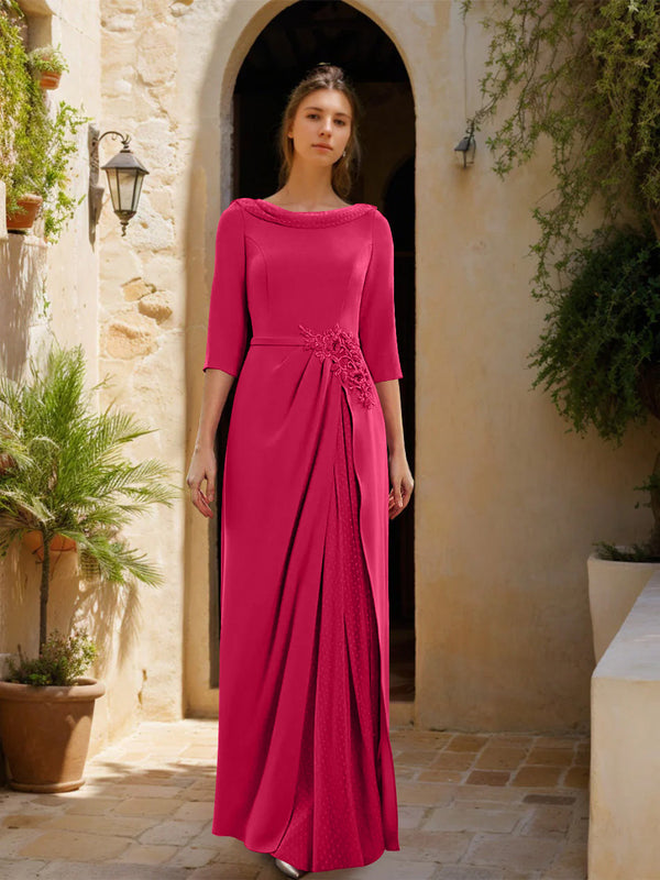 Sheath/Column Cowl Neck 3/4 Sleeves Floor-Length Mother Of The Bride Dresses With Tulle & Sash & Slit & Jewel Appliques BabaMila
