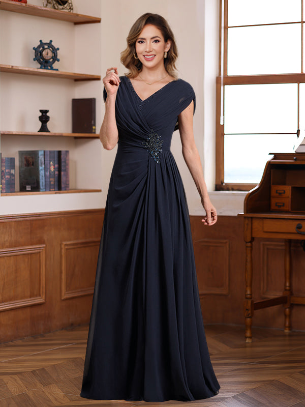 A-Line/Princess V-Neck Ruched Floor-Length Pleated Mother Of The Bride & Groom Dresses With Jewel Appliques & Sequins BabaMila