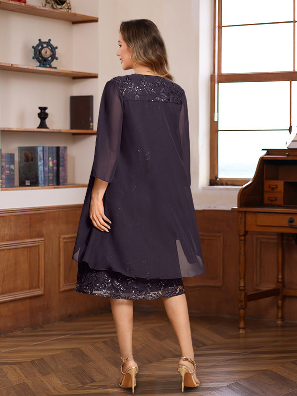 A-Line/Princess Scoop Knee-Length Mother Of The Bride & Groom Dresses With Jacket & Lace Appliques & Sequins BabaMila