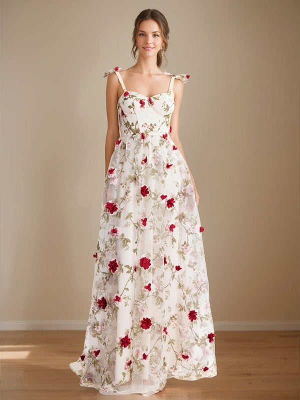 A-Line/Princess Sweetheart Neck Spaghetti Straps Floor-Length Floral Prom Dresses with 3D Flower BabaMila