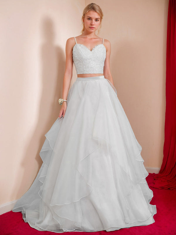 Two Piece Sweetheart Neck Spaghetti Straps Floor-Length Long Wedding Dresses with Lace/Cascading Ruffles BabaMila