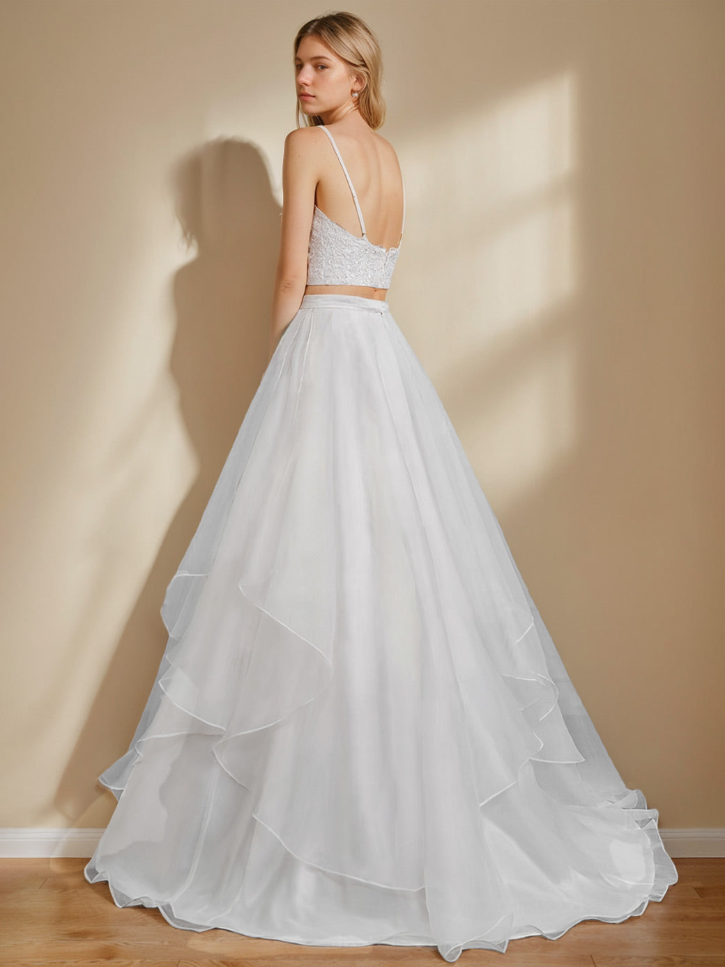 Two Piece Sweetheart Neck Spaghetti Straps Floor-Length Long Wedding Dresses with Lace/Cascading Ruffles BabaMila
